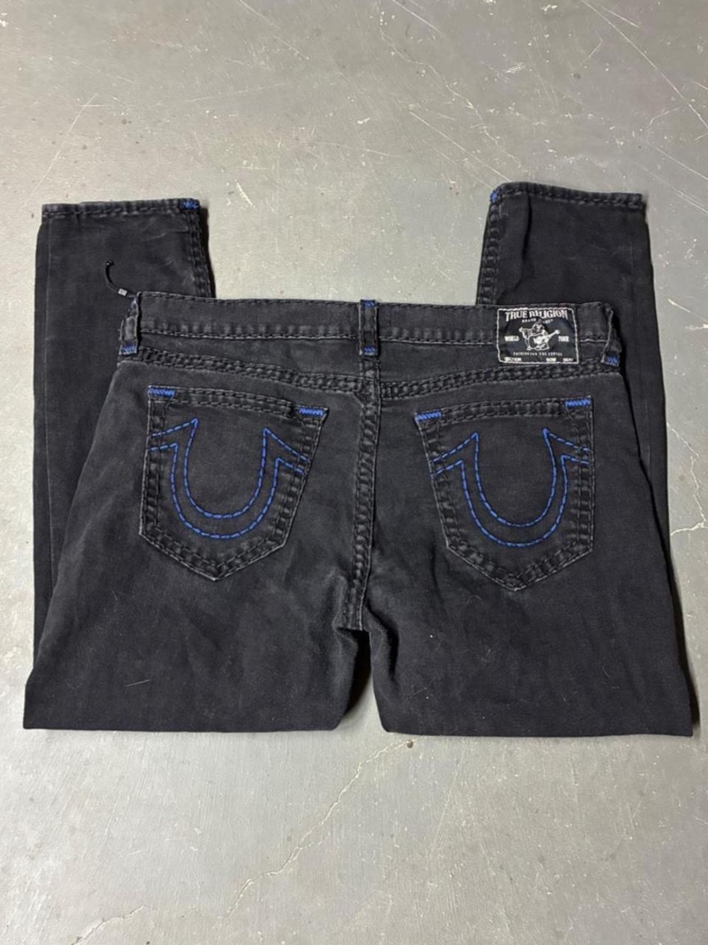 Y2K Men’s True Religion Black Rocco Relaxed Skinny Jeans Size 40 Blue Stitching